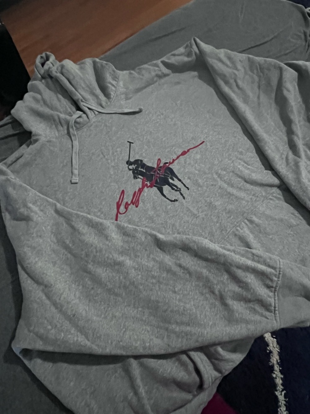Ralph Lauren Light Gray Hoodie with Polo Player and Red Script